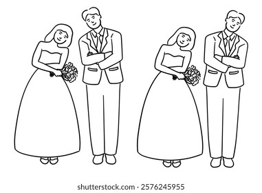 Bride and groom, couple is posing with their arms crossed vector illustration