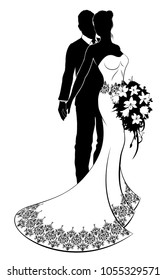 A bride and groom couple silhouette wedding illustration, the bride in a white bridal dress gown with abstract floral pattern holding a floral bouquet of flowers