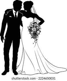 Bride and groom couple silhouettes. Woman in a bridal wedding dress