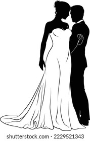Bride and groom couple silhouettes. Woman in a bridal wedding dress
