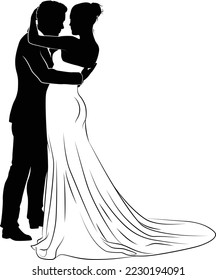Bride and groom couple silhouettes. Woman in a bridal wedding dress
