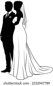 Bride and groom couple silhouettes. Woman in a bridal wedding dress