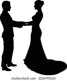 Bride and groom couple silhouettes. Woman in a bridal wedding dress