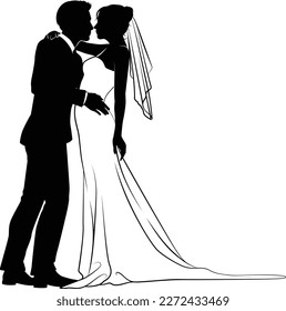 Bride and groom couple silhouettes. Woman in a bridal wedding dress