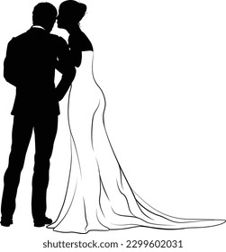 Bride   groom couple silhouettes  Woman in bridal wedding dress