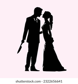 Bride and groom couple silhouettes. Woman in wedding dress, man holding knife behind his back, treacherous deal or betrayal metaphor