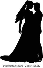 Bride and groom couple silhouettes. Woman in a bridal wedding dress