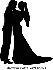 Bride and groom couple silhouettes. Woman in a bridal wedding dress