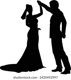 Bride and groom couple silhouettes. Woman in a bridal wedding dress