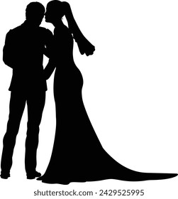 Bride and groom couple silhouettes. Woman in a bridal wedding dress