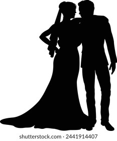 Bride and groom couple silhouettes. Woman in a bridal wedding dress