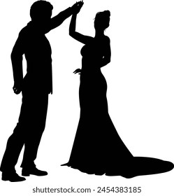 Bride and groom couple silhouettes. Woman in a bridal wedding dress