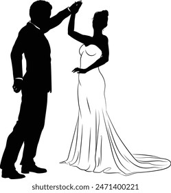 Bride and groom couple silhouettes. Woman in a bridal wedding dress