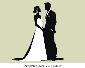 Bride and groom couple silhouettes. Woman in a bridal wedding dress
