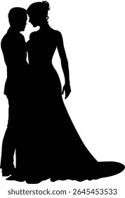 Bride and groom couple silhouettes. Woman in a bridal wedding dress