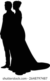 Bride and groom couple silhouettes. Woman in a bridal wedding dress