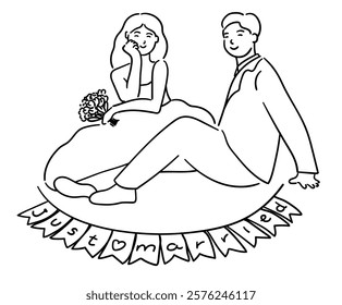 Bride and groom, couple is sitting together with sign says Just Married vector illustration