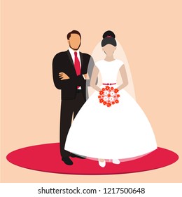 Bride and groom couple standing on wedding day. Vector illustration