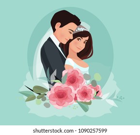 Bride and groom. Couple. Wedding card with the newlyweds. Isolated objects. Vector illustration for the wedding invitation and graphic design. Bride wearing wedding dress and the groom wearing a suit.