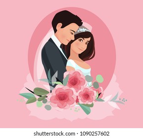 Bride and groom. Couple. Wedding card with the newlyweds. Isolated objects. Vector illustration for the wedding invitation and graphic design. Bride wearing wedding dress and the groom wearing a suit.