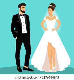 Bride and groom. Couple. Wedding card with the newlyweds. Isolated objects. Vector illustration.