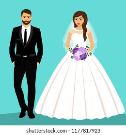 Bride and groom. Couple. Wedding card with the newlyweds. Isolated objects. Vector illustration.