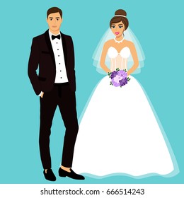 Bride and groom. Couple. Wedding card with the newlyweds. Isolated objects. Vector illustration.