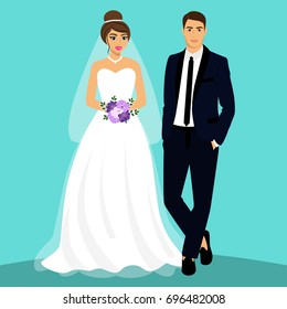 Bride and groom. Couple. Wedding card with the newlyweds. Isolated objects. Vector illustration.
