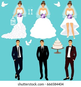 Bride and groom. Couple. Wedding set. Collection. A set of wedding clothes. Isolated objects. Vector illustration.