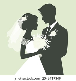 Bride and Groom Couple Wedding Silhouette flat vector illustration