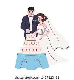 Bride and groom cut cake. Wedding illustration in doodle style.