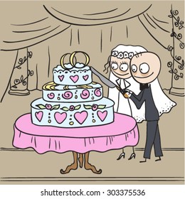 Bride and groom cut wedding cake. Cartoon illustration in vector format