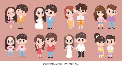 Bride And Groom cute cartoon chibi character, Love, Relationship, Sweetheart, Couple, Engagement, Valentine's Day. Wedding character