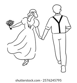 Bride and groom, cute couple is holding hands and running together