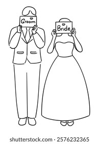 Bride and groom, cute bride and groom covering their faces with a sign that says Groom and Bride