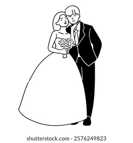 Bride and groom, cute and happy couple on their wedding day vector illustration