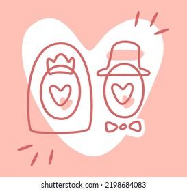 Novia y novio. Icono de vector lindo que representa a una novia y un novio estilizados en un fondo cardíaco. Dodles vectoriales sobre el tema de la celebración de bodas.