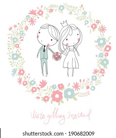 Bride and groom.  Cute vector wedding card with flowers. 