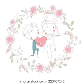  Novia y novio. Carta de bodas vector con flores. 