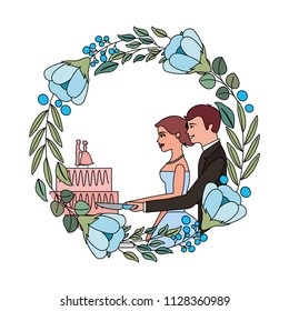 bride and groom cutting wedding cake in flowers frame