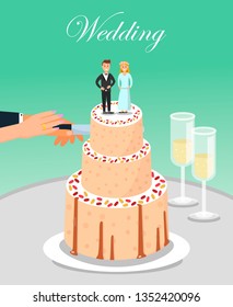 Bride and Groom Cutting Wedding Cake Together Poster Vector Illustration. Glasses of Champagne and Main Dessert with Couple on Top. Hands with Engagement Ring and Knife. Family Tradition.