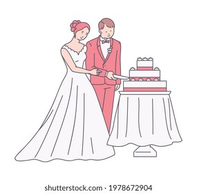 Bride and groom cutting the wedding cake, sketch cartoon vector illustration isolated on white background. Romantic scene of marriage ceremony and wedding event.