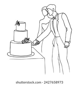 Bride and groom cutting wedding cake sketch art. hand drawn newlyweds cutting a cake holding a knife together
