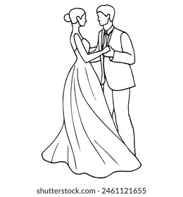 bride and groom dance in full length. outline wedding illustration