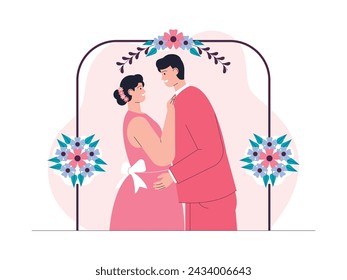 The bride and groom dance together after saying the sacred vows of marriage, vector illustration.