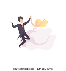Bride and groom dancing, couple of newlyweds at wedding ceremony vector Illustration on a white background