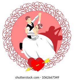 
The bride and groom are dancing at their wedding. Wedding waltz. Valentine's Day. Two hearts. Beautiful round frame.Twisting dancing couples.Flat design