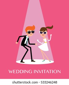 Bride and groom dancing twist in spotlight. Wedding invitation design. Vector illustration.