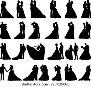 bride and groom design set silhouette isolated, vector