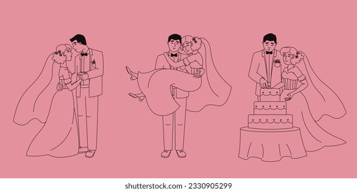 Bride and groom in different poses. Wedding illustrations in outline style.